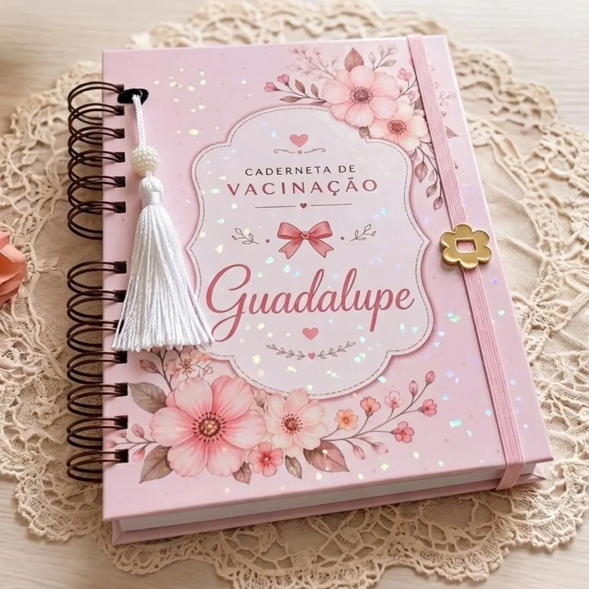 Caderneta de vacinação rosa com flores, pingente e o nome Guadalupe
