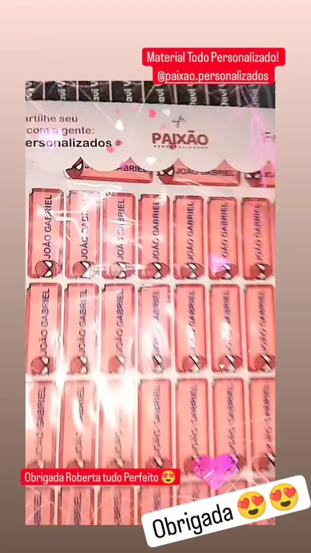 Story de cliente com cartelas de etiquetas escolares com o nome João Gabriel e a frase: material todo personalizado, obrigada Roberta, tudo perfeito